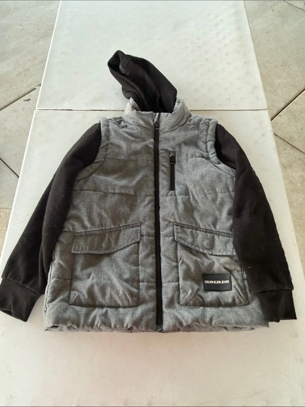 Calvin Klein Gray Puffer Jacket with Black Sleeves and Hood
